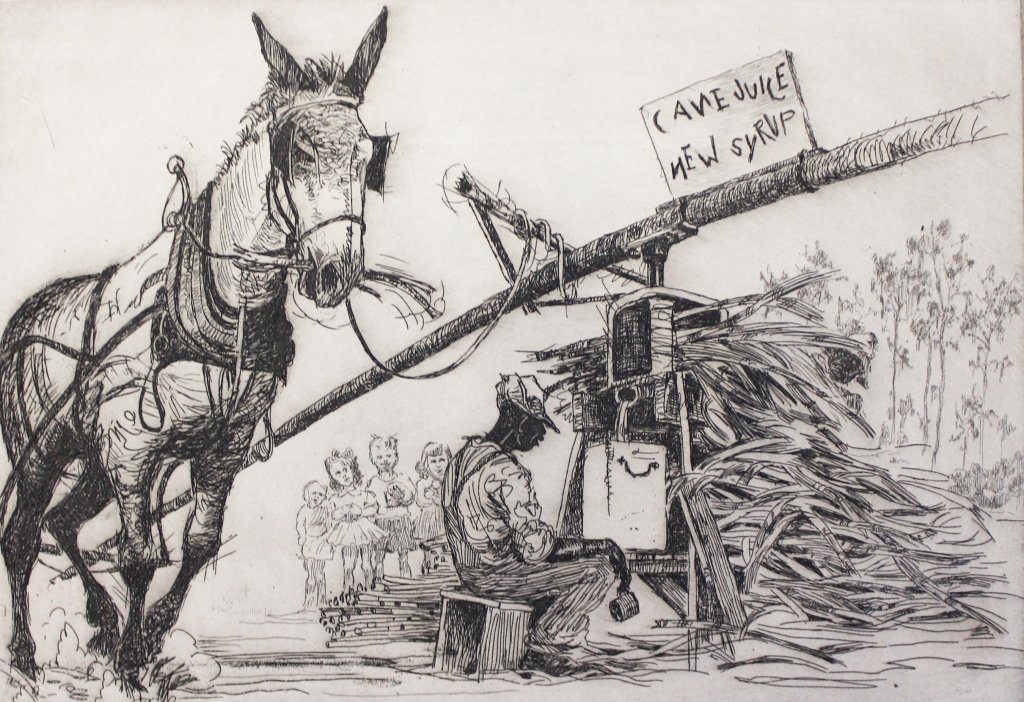 Kent Hagerman: (American, 1893-1978) etching on paper, "Cane Juice, New Syrup". unframed. image: H6 3/8" W9 1/8"