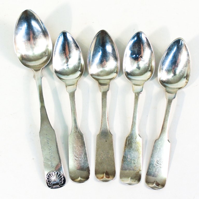 Five Virginia Coin Silver Spoons: Four by John H. Tyler, Richmond (1835-1845). one by Samuel Phillips Mitchel, Richmond (1823). 3.7oz T.