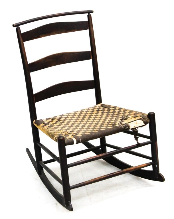Shaker Signed Rocking Chair: Mt. Lebanon, New York, 19th century. with original tape seat and surface. with stencil signature at back of seat. H34" W12 1/4" D26"