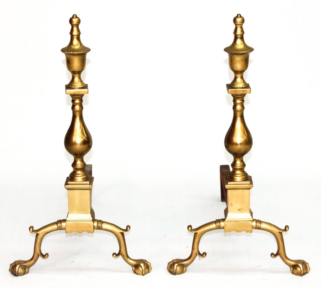 Pair Chippendale Style Brass Andirons: for Colonial Williamsburg, 20th century. pair of andirons by Virginia Metalcrafters, pattern CW100-1, signed. H24 1/4" W13" D23"