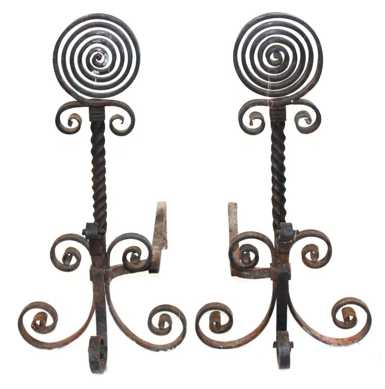 Pair of Wrought Arts and Crafts Andirons: 19th or early 20th century. with fine form and detail. possibly Charleston, South Carolina. H24 1/4" W12" D23"