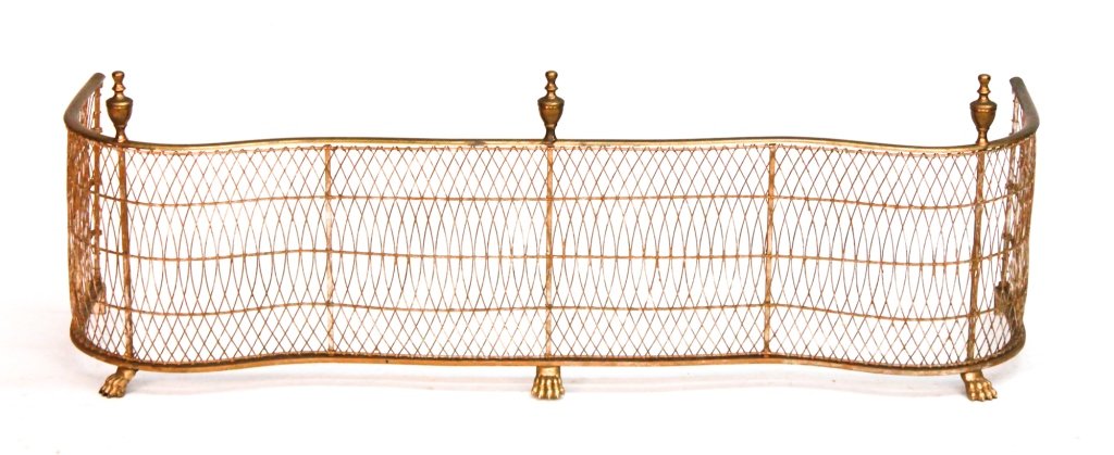 Federal Style Brass and Wire Fire Fender: 19th century. serpentine form with urn finials and paw feet. H16 1/4" W47 1/2" D13"