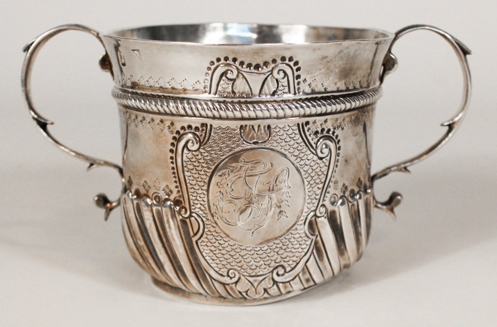 Very Fine English George III Silver Two-Handle Cup: circa 1695. by Richard Richardson, London. this cup is said to be one of only three known in the United States. marked at the base with initials said to be of Thomas Salkelds, an original colonist of 