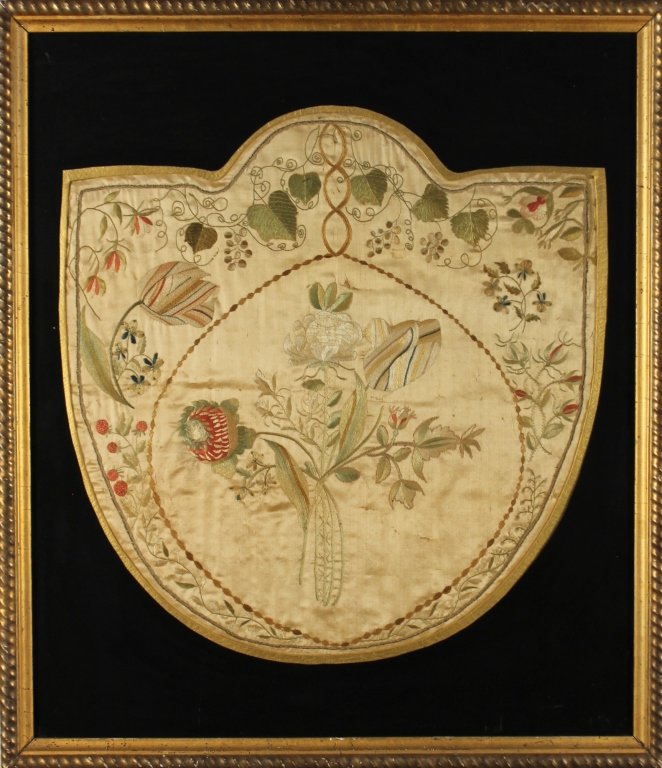 American Silk Needlepoint Picture: New England, 19th century. verso of frame bearing label O.J. Marrin print and picture frame store New Bedford, Massachusetts. H24 1/2" W21 1/4" Private Upcountry, South Carolina Collection.