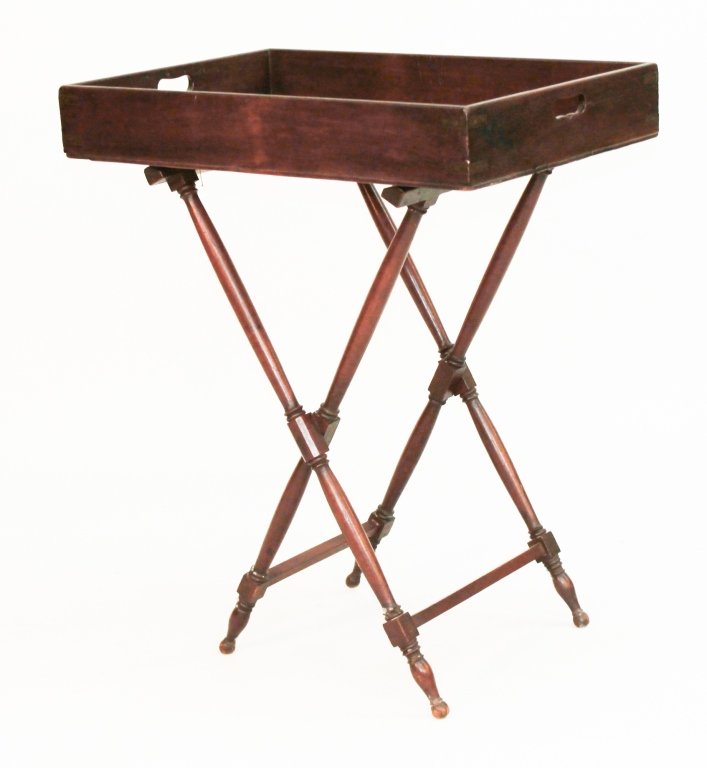Regency Mahogany Butler's Tray on Stand: 19th century. dovetailed rectangular box tray with cut-out handles on folding stand with turned legs. H35 1/2" W29" D19" Private Upcountry, South Carolina Collection.