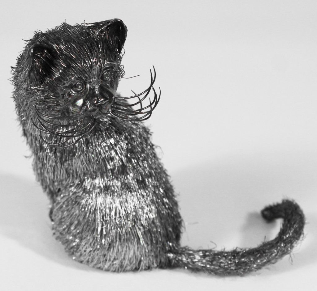 Mario Buccellati Silver Cat Sculpture: Italy, 20th century. signed on base. H4 3/4" Private Atlanta, Georgia Collection.