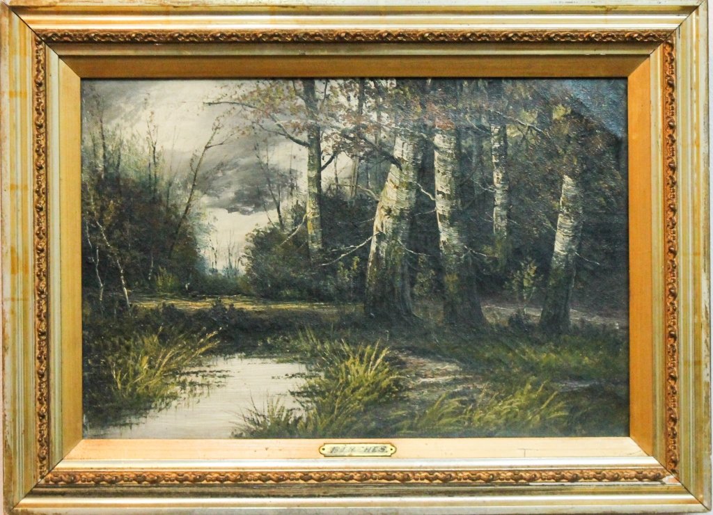 "Birches" American School: late 19th century. oil on canvas, landscape, signed "Milton" lower right, in gilded frame. H12" W18"