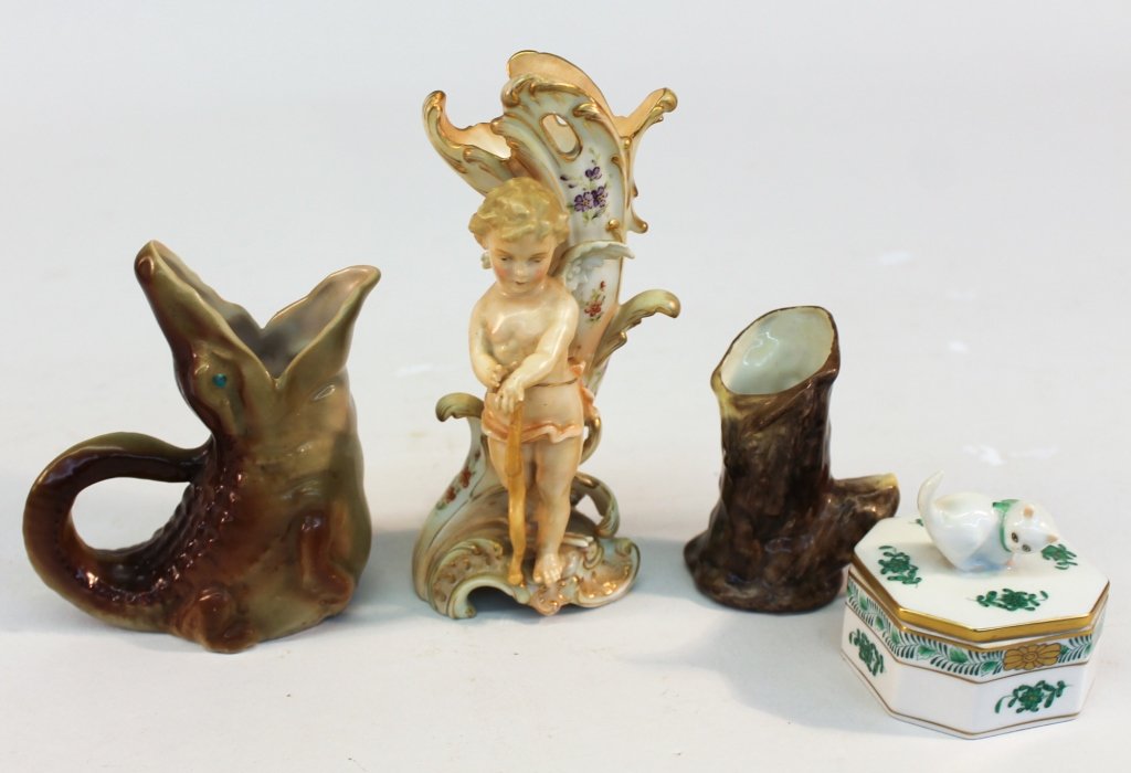 Continental Figural Porcelain: four pieces including a Herend covered box, royal Bayreuth alligator, Royal Crown derby figural tree toothpick holder, and a German cherub vase with mark. H6 1/4" largest