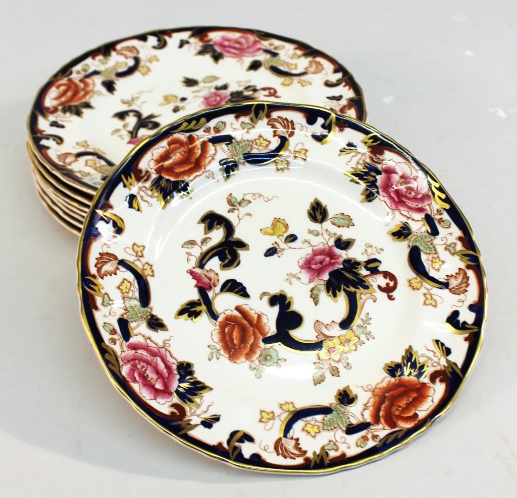 Masons Ironstone Plates: British 19th century. set of eight, in the Mandaloy pattern with vibrant color. W9" D1/4"