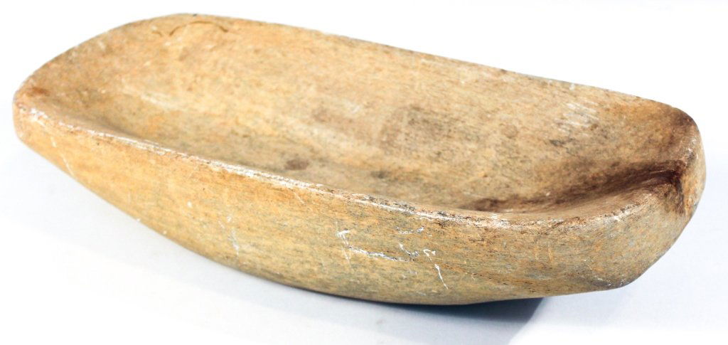 Antique Native American Carved Stone Bowl: 19th century or earlier. probably a bowl for grinding or pounding food. H3 5/8" W17 1/8"