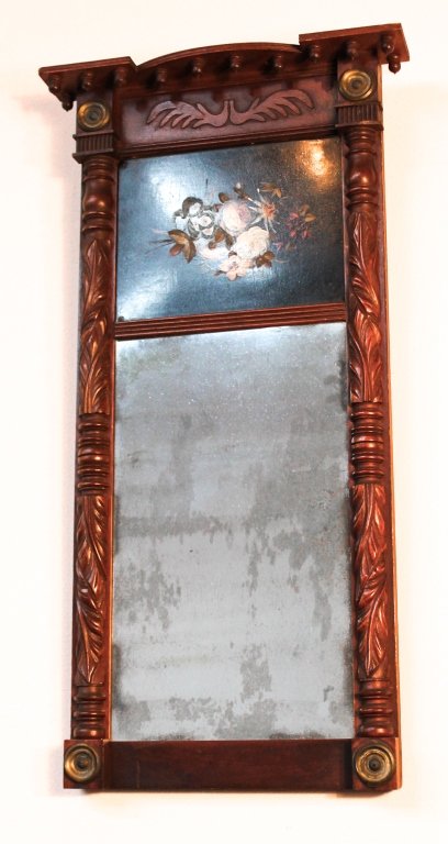 Classical Carved Mahogany Mirror: probably Philadelphia, circa 1840. shaped cornice above carved split balusters retaining painted tin panel above mirror. H36 3/8" W18 3/4" Private Upcountry, South Carolina Collection.