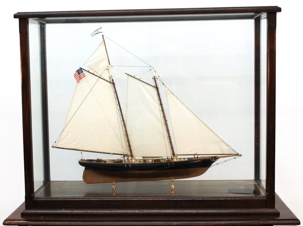 Ship Model American's Cup Yacht "America": Lannan Ship Model Gallery, Boston. scale model of 1851 America's cup yacht "America". exacting detail with all sails and rigging, displayed in glass and inlaid mahogany case. Case: H33 1/2" W43" D16"