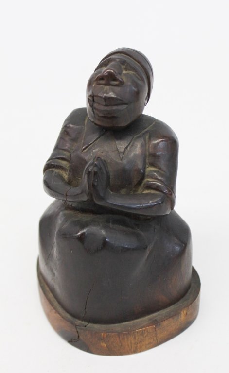 Vintage Folk Art Carved Figure: early 20th century. Jamaican signed on bottom "David S Miller, 8 Bray St. Kingston, Jamaica B.W.I". H5 3/4" W4 1/2"