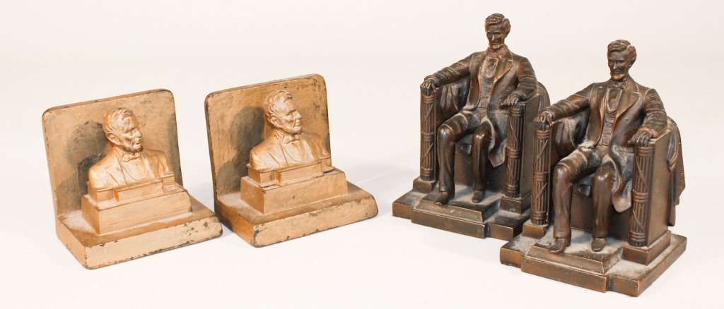 Pair Jennings Brothers Bronze Lincoln Bookends: early 20th century. seated figure of Abraham Lincoln after statue in Washington by Daniel French. signed on back"JB 2240" copyright D.C. French", H7 1/8"; together with pair of painted cast iron booke
