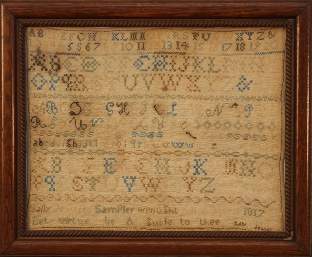 American Girlhood Folk Art Needlework Sampler: 1817. by Sally Jewells. sight size: H10 3/4" W13 3/4" From the Private Collection of Mr. & Mrs. Gary Thompson, Travelers Rest, South Carolina.