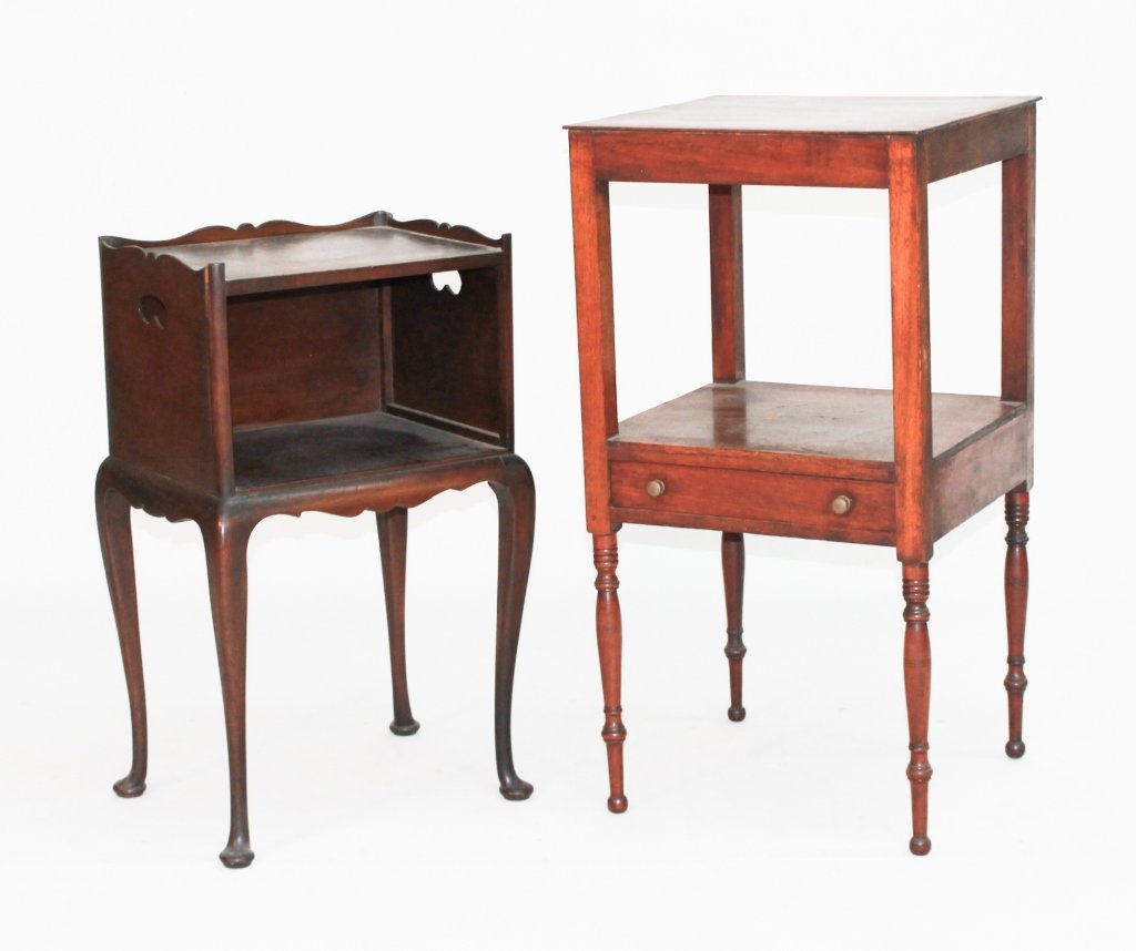 Two Mahogany Stands: 19th century. Sheraton mahogany turned-leg stand with shelf and medial drawer H33 1/4" W17 1/4" D16"; together with Queen Anne style stand H28" W16" D12" Private Upcountry, South Carolina Collection.