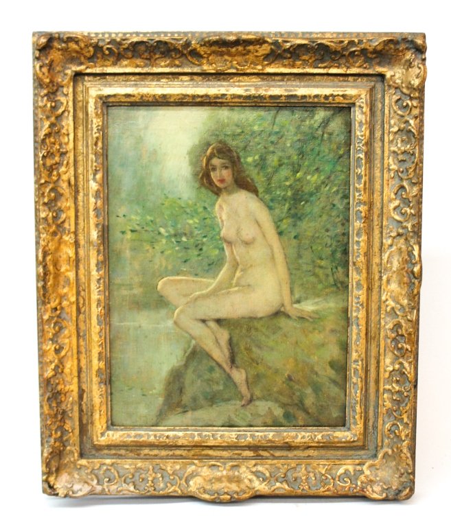 Warren Davis: (America, 1865-1928) oil on board, nude by creek. signed lower right. framed: H21 1/2" W17 3/4"