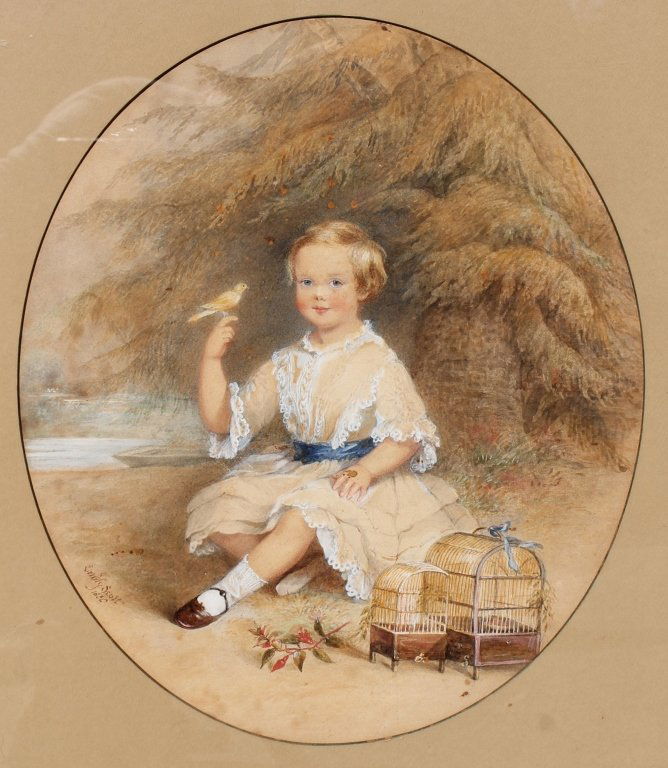 Emily Scott: (New York/England, 19th century) watercolor portrait of girl with bird. signed and dated lower left 1850. H16" W13"