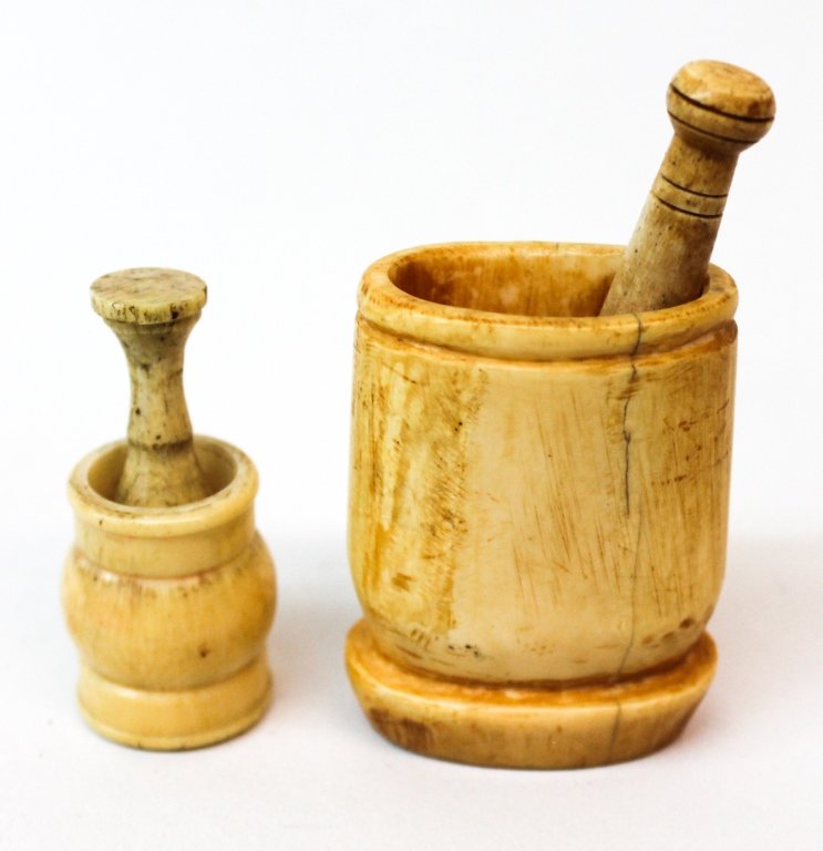 Two Antique Medical Carved Bone Mortars: 18th or 19th century. one found in Massachusetts. H3 3/4" H2 3/4" Private Collection of Dr. Charles Webb, Campobello, South Carolina.