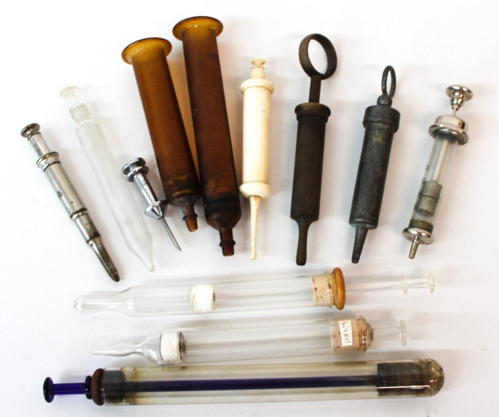 Collection Twelve Antique Medical Syringes: 19th & early 20th century. various forms. Private Collection of Dr. Charles Webb, Campobello, South Carolina.