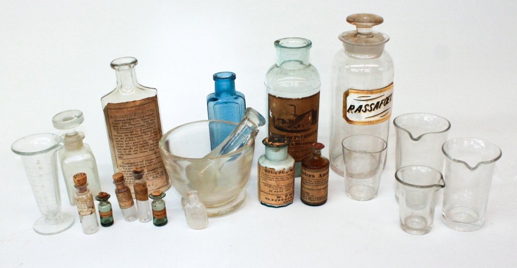 Antique Glass Medical Bottles & Objects: 19th century. eighteen pieces, various forms. Private Collection of Dr. Charles Webb, Campobello, South Carolina.