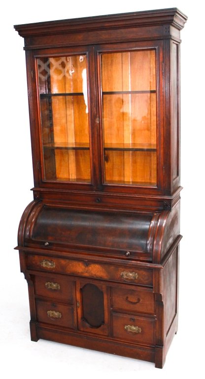 Victorian Walnut Roll Top Secretary Bookcase (1 of 2)