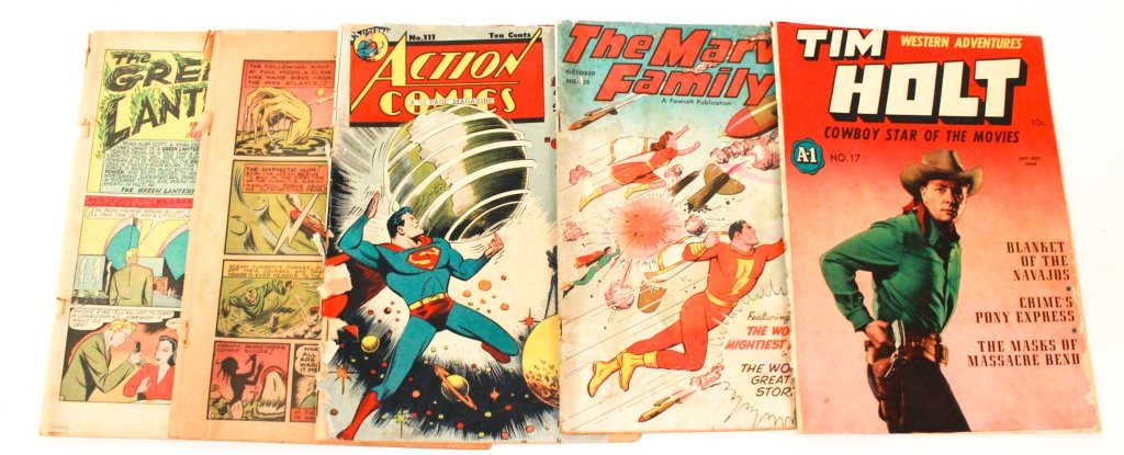Collection of Four Comic Books: The Marvel Family, Action Comics, The Green Lantern, and Tim Holt.