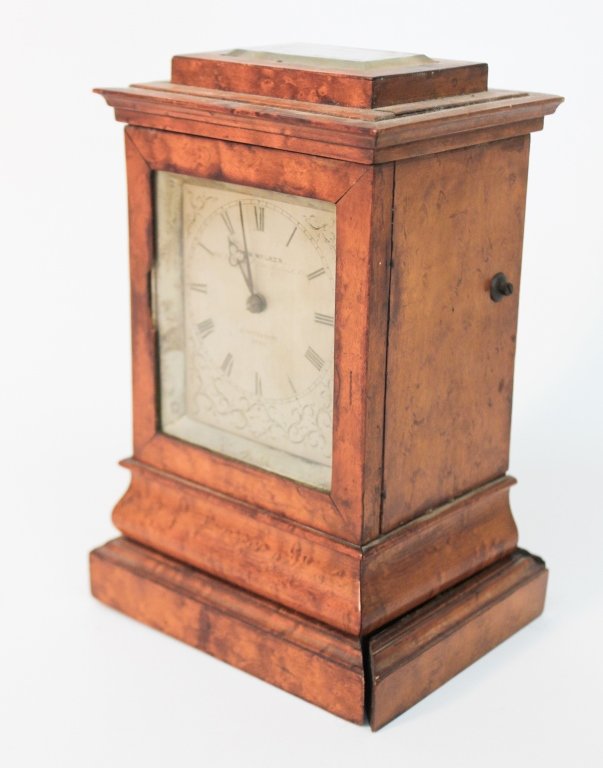 Early George III John Walker Table Clock: signed face, "1719 John Walker 230 Regent St. Back of Movement signed Aigerilles" birds eye maple case. H7 7/8" W5 1/8" D4 1/8"Private Collection of a Carolina Gentleman.