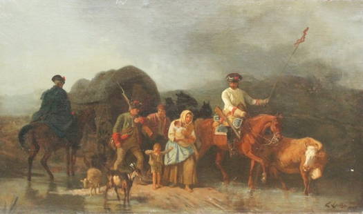 Emanuel Gottlieb Leutze: (Washington D.C./ New York/Germany, 1816-1868) oil on canvas signed and dated lower right 1857. Colonial soldiers on horseback guiding town's people with covered wagon. image ofhorseman on left appear