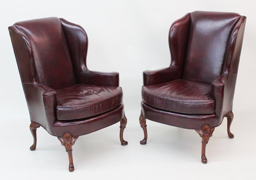 Pair Queen Anne Style Leather Arm Chairs (1 of 2)
