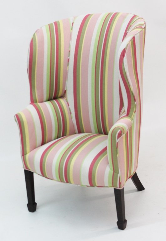 Hepplewhite Mahogany Tub Chair: America or England, early 19th century. shaped, curved back emitting outscrolled arms above added seat on square tapering legs with spade feet. H47" SH17" W29 14" D24