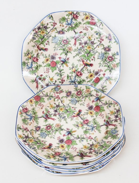 Six Steubenville Ironstone Bird Plates: late 19th century. each with colorful decoration of birds and flora. W8"
