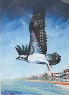 Richard Patterson: (Charleston, SC, 20th century) gouache on paper, soaring osprey on the Charleston Battery. signed and dated lower right. H17 3/8"