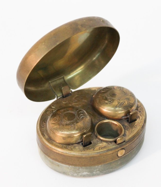 Interesting Antique Campaign Brass Inkwell: probably British, 19th century. interior with chased brass detail. H1 3/4" W3 3/4" Private Collection of a Carolina Gentleman.