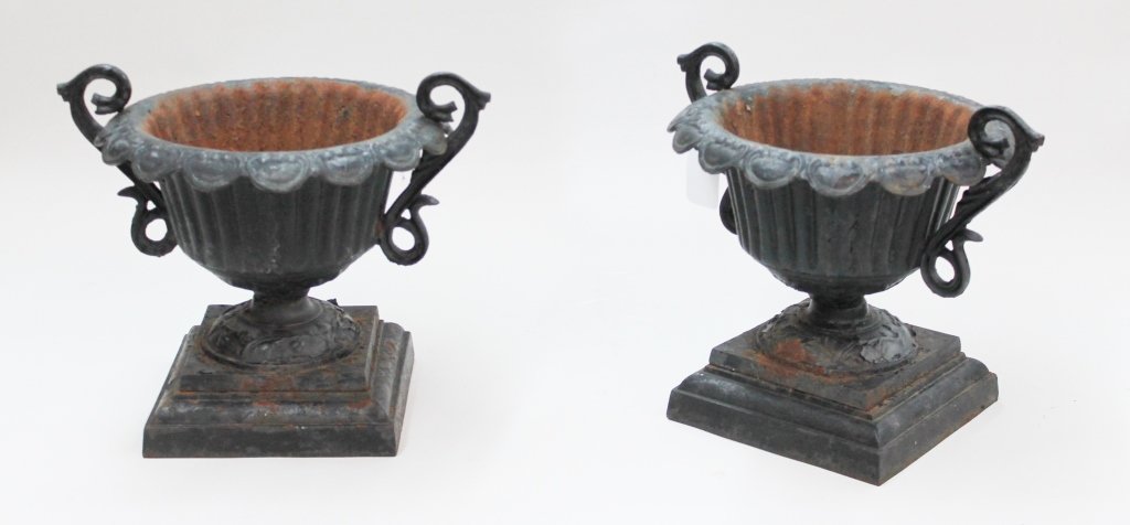 Pair Antique Adams Style Cast Iron Garden Urns (1 of 1)