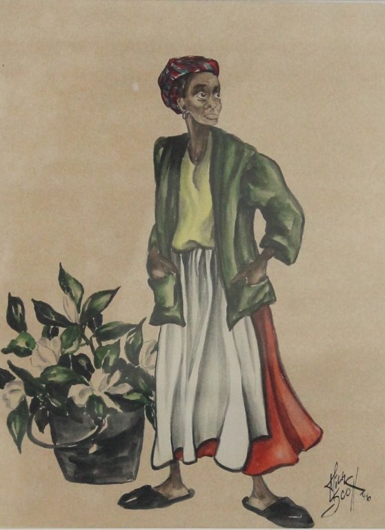 Alice Scott: (South Carolina, 1924-2005) watercolor on paper, flower vendor signed and dated "46". lower right. framed. sight size: H9" W7"