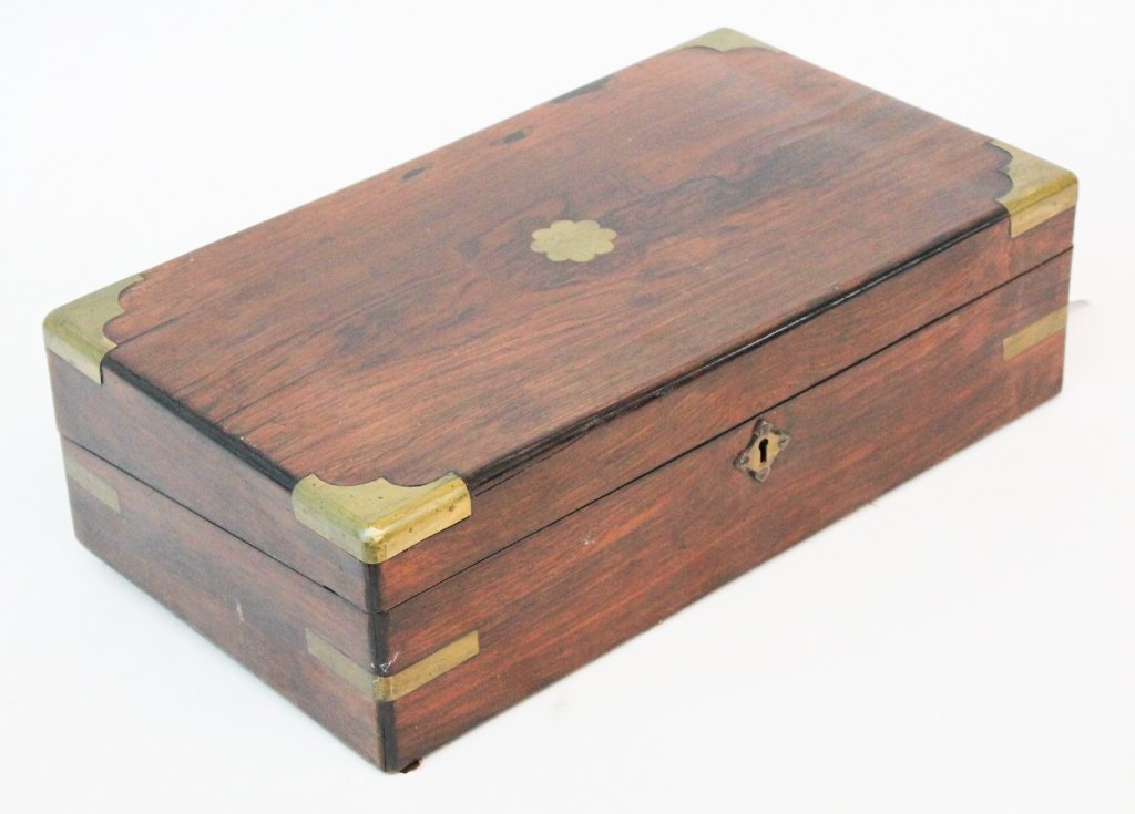 Antique British Rosewood Campaign Writing Slope: mid 19th century. rosewood bound with brass. H4 7/8" W16" D9 1/4"
