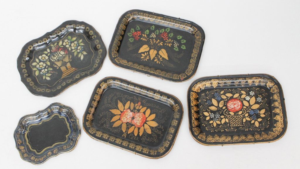 Collection Five Small Tole Painted Trays (1 of 1)