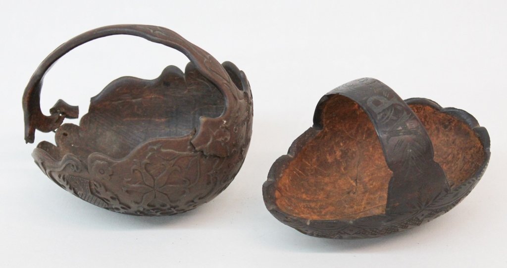 Two Antique Sailor-Made Carved Coconut Baskets (1 of 5)