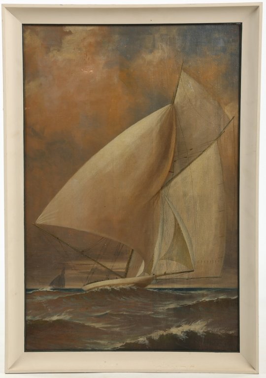 American or British School: circa 1920. well-executed oil on canvas of yacht in full sail. framed: H39 1/4" W27 1/4"