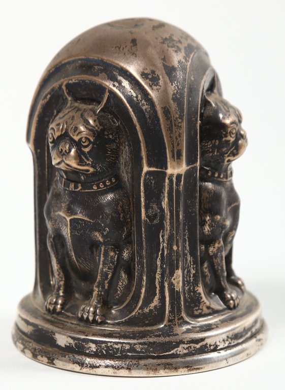 Unusual Firestone Sterling Figural Coin Bank: early 20th century. marked “Judith An” for Judith An Firestone, wife of Raymond C. Firestone. handsomely-formed bank with three seated Boston Terriers sitting back to back. H3” 2.4 oz standard E