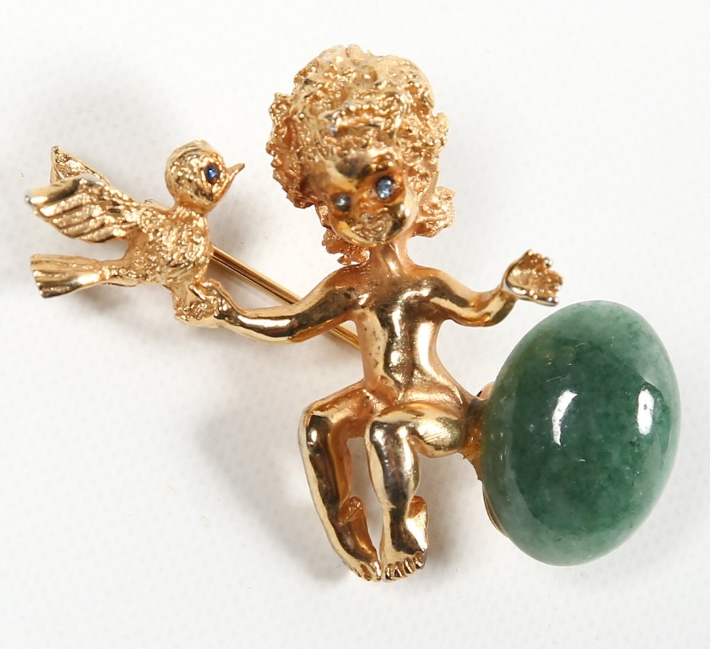 William Ruser MidCentury Gold &Jade Figural Brooch (1 of 1)