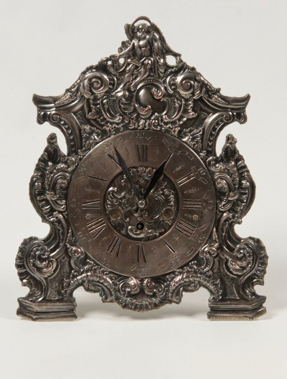 Handsome Rococco Revival Silver Plate Desk Clock (1 of 2)