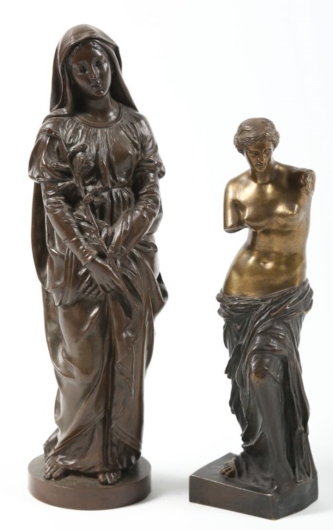 Two Antique Continental School Bronze Figures: 19th century. a bronze figure of Mary with olive branch after L. Pilet together with a Grecian nude figure after Musie Du Louvre. H12 ¾” H10 ½”