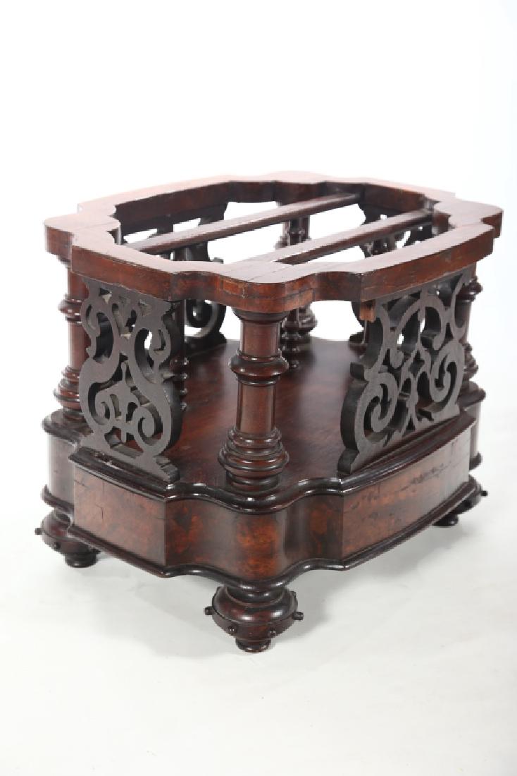 Very Fine Classical Figured Mahogany Canterbury: possibly Boston or New York, circa 1825. having very detailed scrollwork and turnings at top section leading to excellent figured mahogany base upon intriguing turned feet. H19 3/8" W24 3/4" D20 1/2"