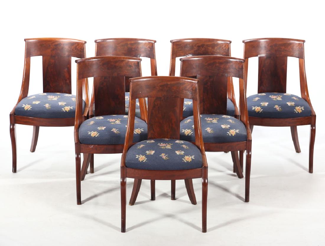 Set Six Classical Dining Chairs: school of Duncan Phyfe, likely New York City, circa 1820. flowing, shaped back atop slightly flared cabriole legs, with quality figured mahogany. H35" W18 1/2" D29" Collection of Judy Young, Camden, S