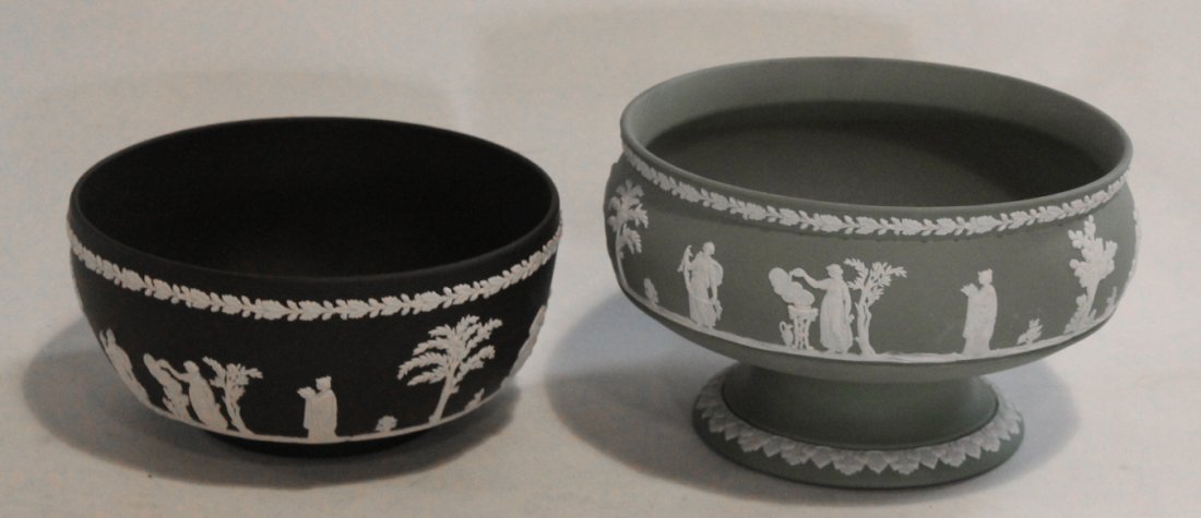 Two Vintage Wedgewood Jasperware Bowls: early 20th century. each with quality decoration showing good detail; one in basalt, the other green. each marked at base.