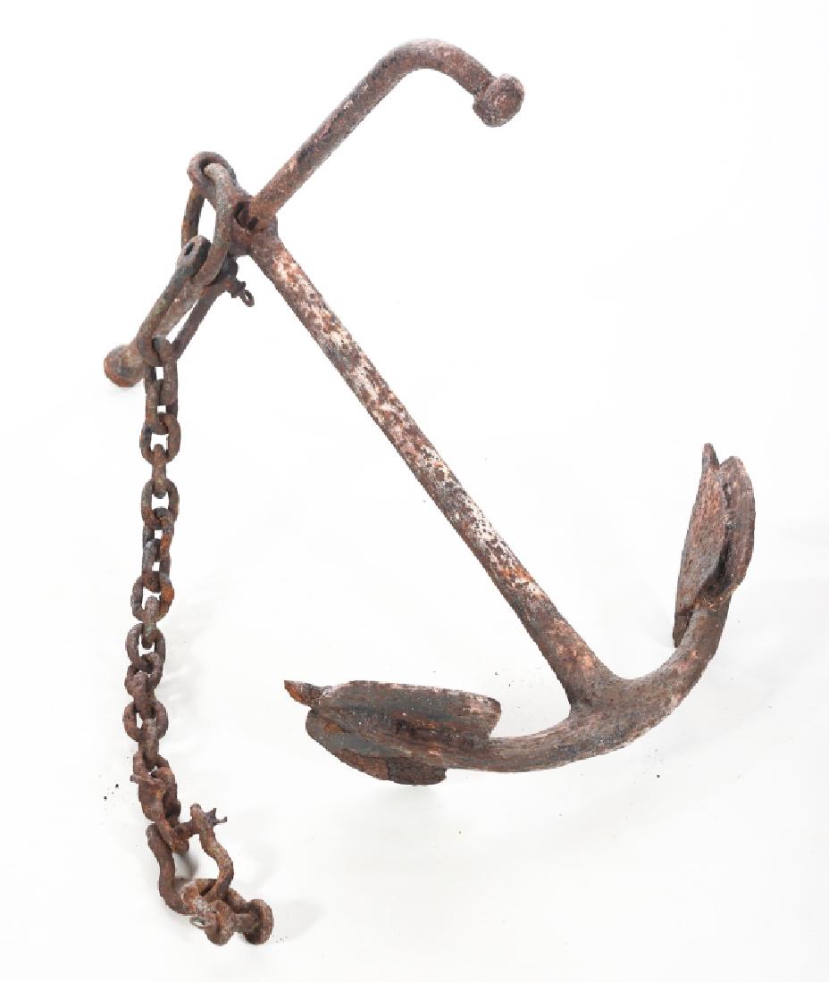 Antique Wrought Iron Boat Anchor & Chain