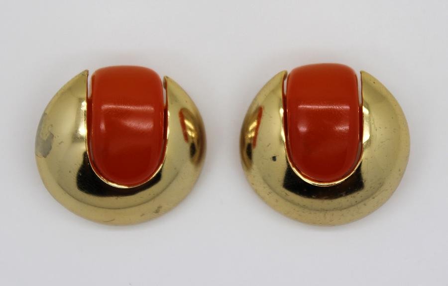 Lanvin Faux Carnelian Goldtone Clip Earrings: Vintage Lanvin large low-domed earclips with faux carnelian accents, 1 3/16" in diameter Light scratches on gold