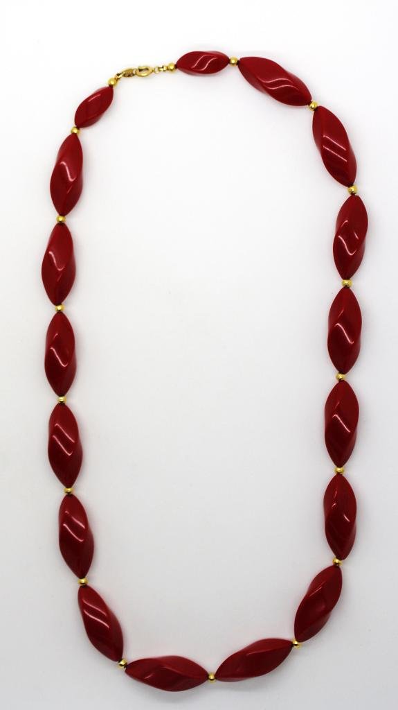 Vintage Trifari Red Bead & Gold Necklace: 24" in length. Signed Trifari.